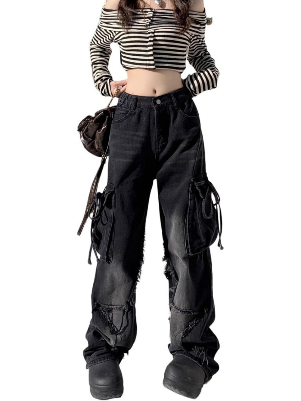 Women Black Denim Star Print Y2k Pull On Wide Leg High Rise Waisted Baggy Jeans